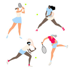Shot, match pose competition. Ball hit collection. Woman and racket. Set of vector illustration of woman character holding tennis racquet and striking different posses isolated on white background