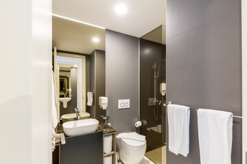Interior of a hotel bathroom interior with shower cabin