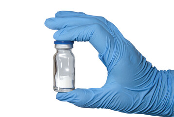 Hand in medical glove with vaccine bottle