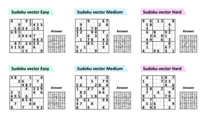 Set Sudoku game with answers. Different complexity. Simple vector design set Sudoku.