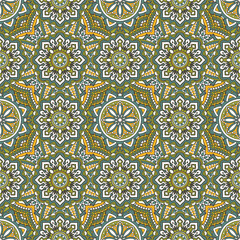 Seamless ornamental oriental pattern with mandala. Laced decorative background with floral and geometric ornament.