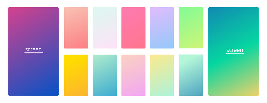 Pastel gradient smooth and vibrant soft color background set for devices, pc and modern smartphone screen soft pastel color backgrounds vector ux and ui design illustration isolated on white.