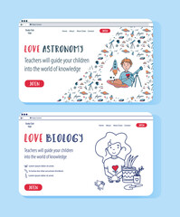 Vector set of Astrophysics and Biology website templates for education online.