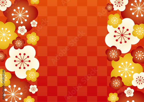 年賀状 節分素材 梅と市松模様の背景イラスト 赤 Background Poster Backgrou Kinusara