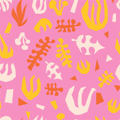 Fototapeta na wymiar Abstract plants summer collage seamless vector pattern pink yellow orange. Contemporary minimalistic leave shapes background. 