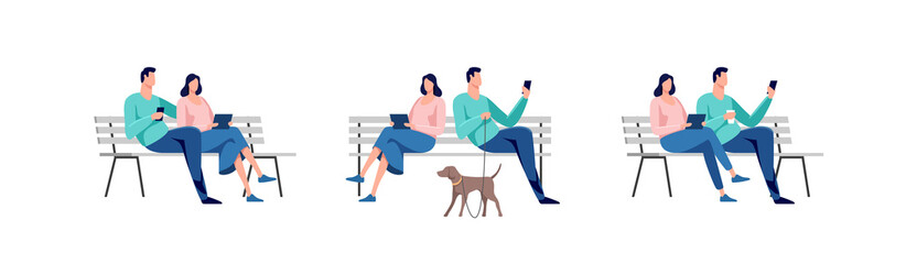 Young man and woman sitting in the city park on the bench. Set of vector illustrations.