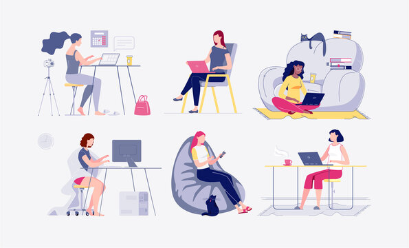 Freelance people. Set of illustrations of characters, young people work at home on the computer. Interiors at home, coworking. The concept of self-employment. Vector. Flat cartoon style. Illustration.
