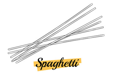 Raw spaghetti isolated on white background. Spaghetti pasta uncooked. Italian capellini pasta. Ingredient for preparing noodles. Home cooking concept. Vector illustration, engraving, outline, ink.