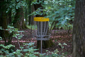 Disc golf basket in the forest playground