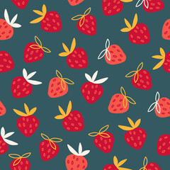 Seamless pattern with cute strawberries on dark green background