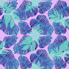 tropical seamless print with exotic plants on a pink background