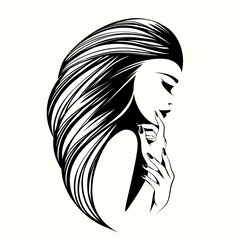 Beauty salon, nails art and hair studio logo.Cosmetics and spa icon.Beautiful woman with wavy hairstyle, elegant makeup and manicure.Long eyelashes, nail polish and lipstick.Stylish young female.