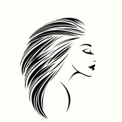 Beauty salon and hair studio logo.Cosmetics and spa icon.Beautiful woman with wavy hairstyle and elegant makeup.Long eyelashes and lipstick.Stylish young female smiling.