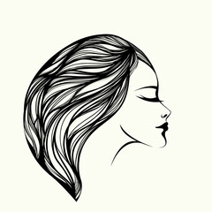 Beauty salon and hair studio logo.Cosmetics and spa icon.Beautiful woman with wavy hairstyle and elegant makeup.Long eyelashes and lipstick.Stylish young female.