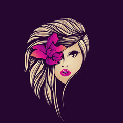 Beauty salon and hair studio logo.Cosmetics and spa icon.Beautiful woman with elegant hairstyle and makeup, wearing a flower in her hair.Long eyelashes and pink lipstick.