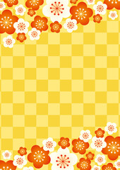 【年賀状・節分素材】梅と市松模様の背景イラスト 金赤