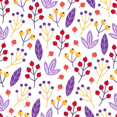 Seamless pattern with leaves, red, orange, yellow and violet berries