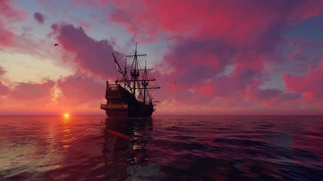 Big schooner in the sea at sunset