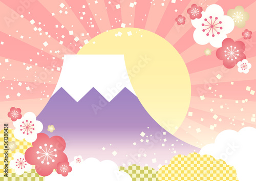 年賀状素材 かわいい富士山と初日の出の背景イラスト ピンク Poster Kinusara
