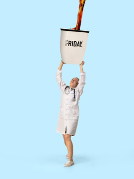 Gas up yourself, filling up with coffee to wake up. Creative artwork. Doctor or nurse holding huge cup with pouring coffee. Looks bored and tired, needs cistern of aroma drink to feel energy.