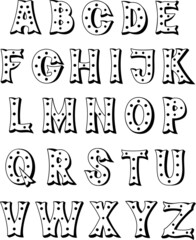 Vector Illustration Hand Drawn Doodle Vintage Cartoon Black White Alphabet Letters Dots Decorated Font Isolated Elements 
