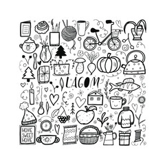 Set of dishes in scandinavian sryle - cup, teaot, sugar bowl. Lagom lifestyle. Cute vector illustration.