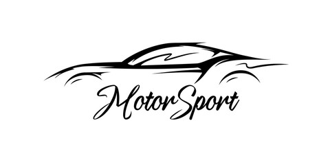 Motor sports car silhouette. Supercar showroom emblem design. Performance auto concept vehicle dealership logo style design. Vector illustration.