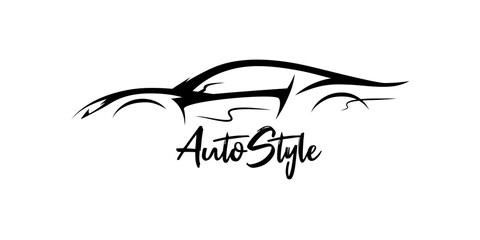 Auto Style sports car silhouette. Supercar showroom emblem design. Performance motor vehicle dealership logo concept design. Vector illustration.