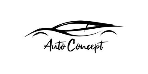 Auto Concept sports car silhouette. Supercar showroom emblem design. Performance motor vehicle dealership logo style design. Vector illustration.