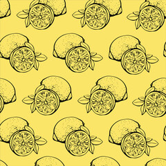 Seamless pattern with lemons, whole and sliced.Background with citrus fruits.vector.Summer design for textile printing