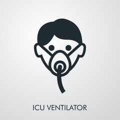 Concepto respirador en uci. Icono plano lineal cabeza de hombre con máscara para respirar en fondo gris