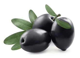 Delicious black olives with leaves, isolated on white background