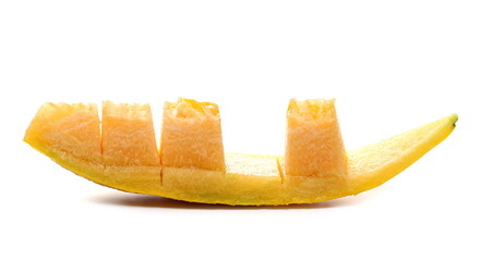 Cantaloupe, muskmelon, honeydew slices, pieces isolated on white background