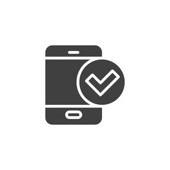 Smartphone check mark vector icon. Phone confirmation filled flat sign for mobile concept and web design. Smartphone verified glyph icon. Symbol, logo illustration. Vector graphics