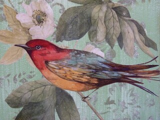 Closeup shot of a beautiful bird decoupage on a wooden furniture