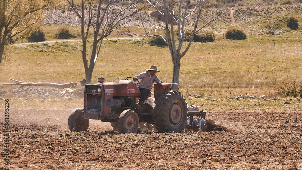 Poster Man driving a tractor on the agricultural field