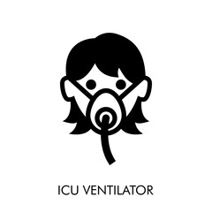 Concepto respirador en uci. Icono plano lineal cabeza de mujer con máscara para respirar en color negro