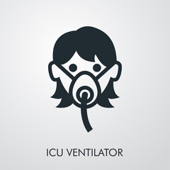 Concepto respirador en uci. Icono plano lineal cabeza de mujer con máscara para respirar en fondo gris