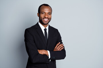 Portrait of smart afro american man leader investor cross hands ready decide solution wear jacket...