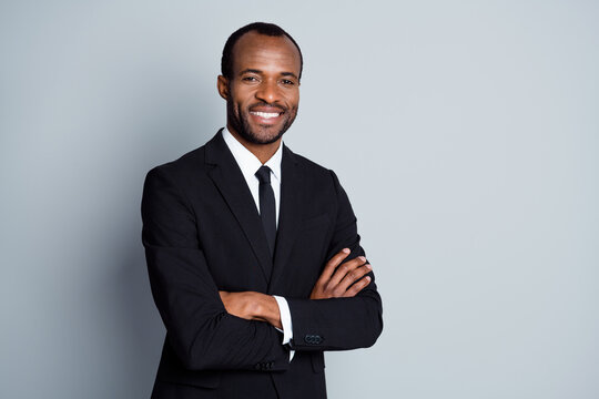 Portrait of smart afro american man leader investor cross hands ready decide solution wear jacket isolated over gray color background