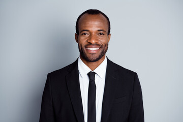 Portrait of positive intelligent afro american economist lawyer man look good mood ready decide...