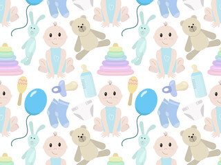Seamless vector pattern of baby items, toys for babies