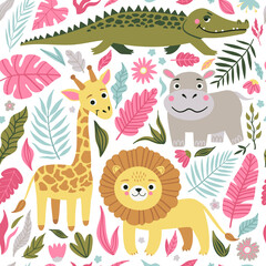 Obraz na płótnie Canvas Seamless pattern of wild exotic animals living in savannah or tropical jungle. Vector bright illustration for kids
