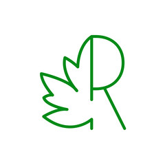 Concepto hoja de árbol. Logotipo lineal letra R con mitad hoja de arce en color verde
