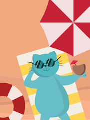 Vector illustration of a funny cartoon character cat resting on the sand on the shore under an umbrella.
