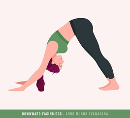 Downward Facing Dog / Adho Mukha Svanasana Yoga pose. Young woman practicing yoga / exercise. Woman workout fitness, aerobic and exercises. Vector Illustration.