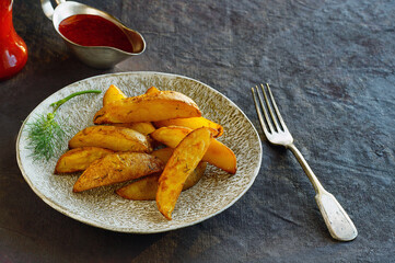 Golden potatoes baked with turmeric on a plate with a sprig of dill and a fork, next to a sauce pot with tomato seasoning. Copying space. Healthy diet..