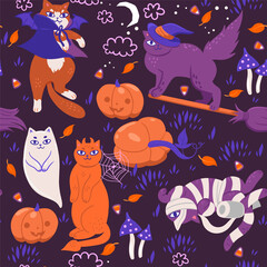 Seamless pattern with halloween cats. Vector graphics.