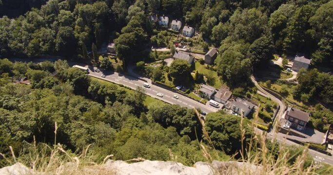 Bird's eye view of a small English town located at the base of a tall hill, Matlock, Derbyshire