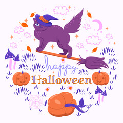 Halloween cat on a broomstick isolate on a white background. Vector graphics.